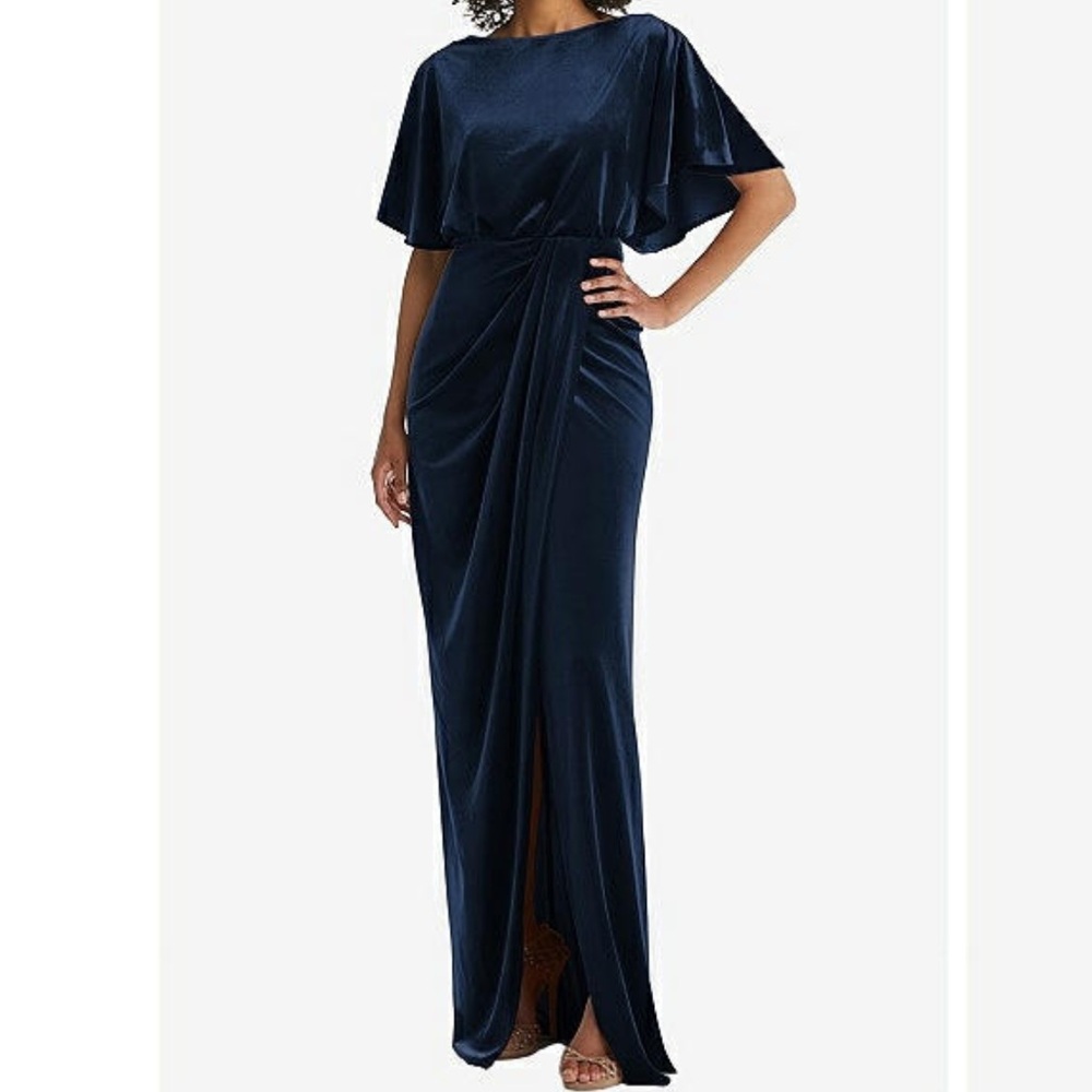 AFTER SIX FLUTTER SLEEVE OPEN-BACK VELVET MAXI DRESS WITH DRAPED WRAP SKIRT